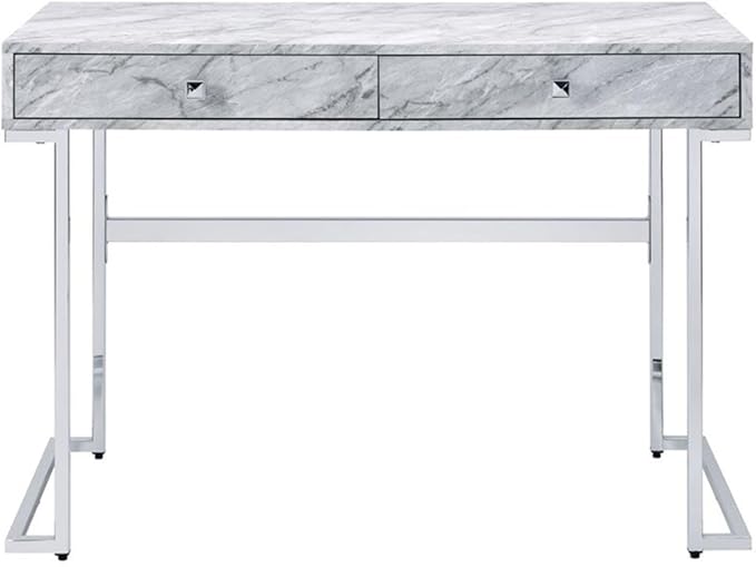 Acme Tigress Faux Marble Top Writing Desk with 2 Drawers in White and Chrome