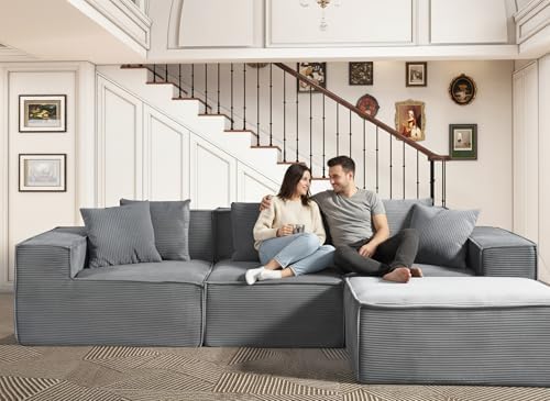 Harper Convertible Corduroy Sectional Couch with Ottoman &amp Pillows Modular L Shaped Sleeper Sofa Boneless Cloud Couch for Living Room Furniture Dark Grey