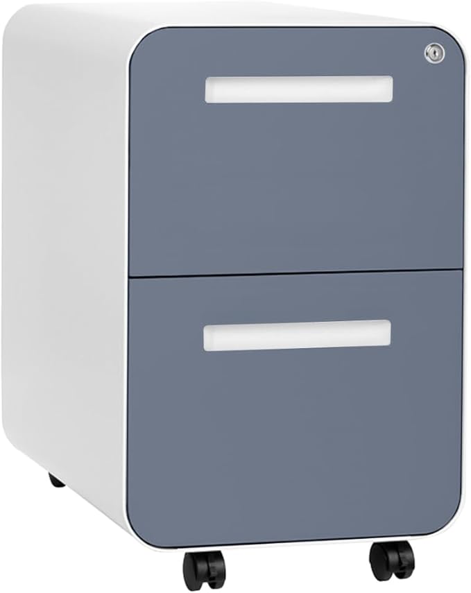 Laura Davidson Furniture Stockpile 2 Drawer Mobile File Cabinet with Lock - Under Desk Metal Filing Cabinet Legal/Letter File Folders Wheels and Stationary Feet Pre-Assembled Coastal Blue