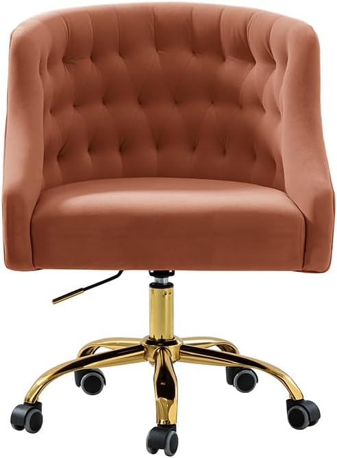 Velvet Office Chair with Gold Base Modern Cute Desk Chair Comfortable Adjustable Swivel Task Chair for Home Office Living Room Bedroom Vanity Study Coral