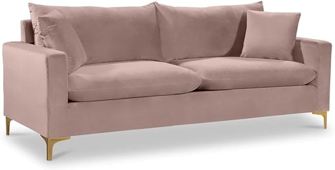 Meridian Furniture Naomi Collection Modern | Contemporary Pink Velvet Upholstered Sofa with Stainless Steel Base in a Rich Gold Finish