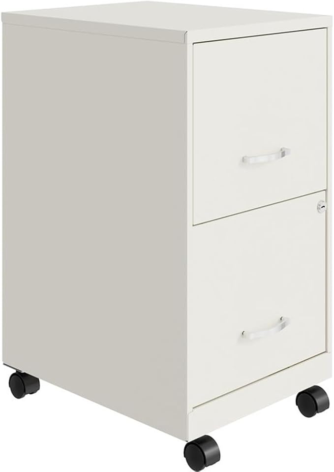 Pemberly Row 2-Drawer Mobile Vertical Filing Cabinet 18in Metal Pearl White Finish Lockable Storage Letter-Size File Drawer Smooth Glide Suspension Compact Office Furniture with Casters