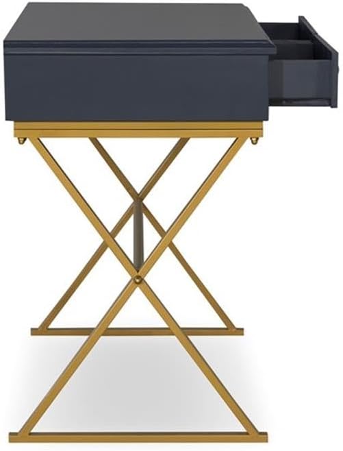 Pemberly Row Writing Desk 47.5 W x 19.5 D x 29.25 H MDF and Metal Blue Top with Gold Criss Cross Legs 2 Drawer Storage Modern Style for Office or Workspace