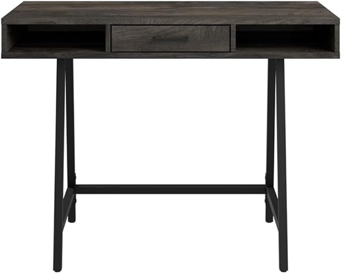 Pemberly Row 40 W Writing Desk Dark Gray Hickory Finish Engineered Wood Construction Industrial Style Box Drawer and Open Storage Compact Home Office Desk or Study Table
