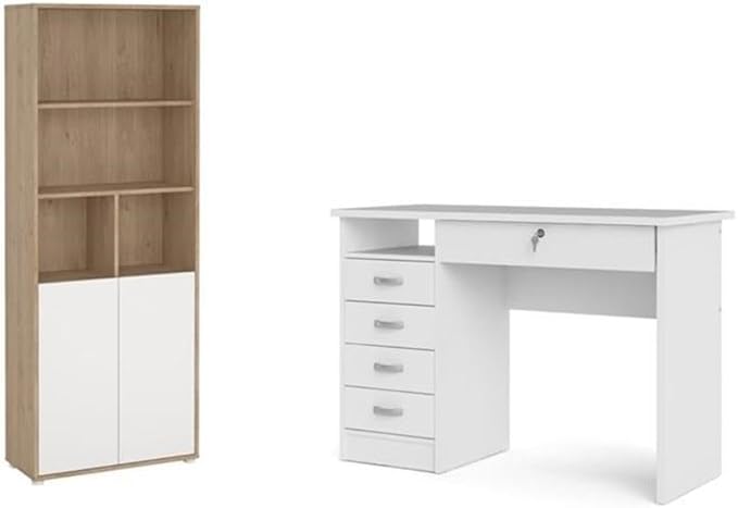 Pemberly Row Set of 2 Home Computer Office Desk &amp 6-Shelf Adjustable Bookcase