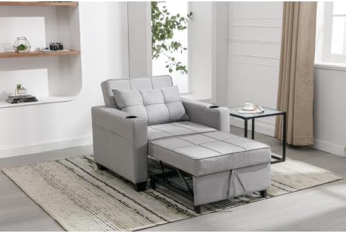 3-in-1 Convertible Sofa Bed with Adjustable Backrest &amp 2 Cupholders - Modern Sleeper Chair for Living Room/Office/Small Apartment (Light Gray)