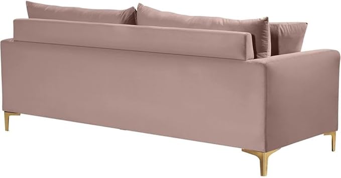 Meridian Furniture Naomi Collection Modern | Contemporary Pink Velvet Upholstered Sofa with Stainless Steel Base in a Rich Gold Finish