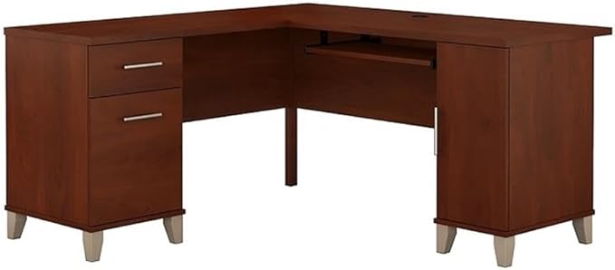 BOWERY HILL 60 L-Shaped Wood Desk Hansen Cherry Finish Pullout Keyboard Tray Vertical Storage Cabinet File Drawer Wire Management Home Office Desk with Finished Back