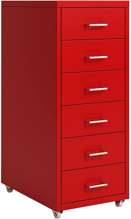 6-Drawer File Cabinet Metal Mobile File Cabinet with Wheels Filing Cabinet Under Desk for Home/Office (Color:Red)