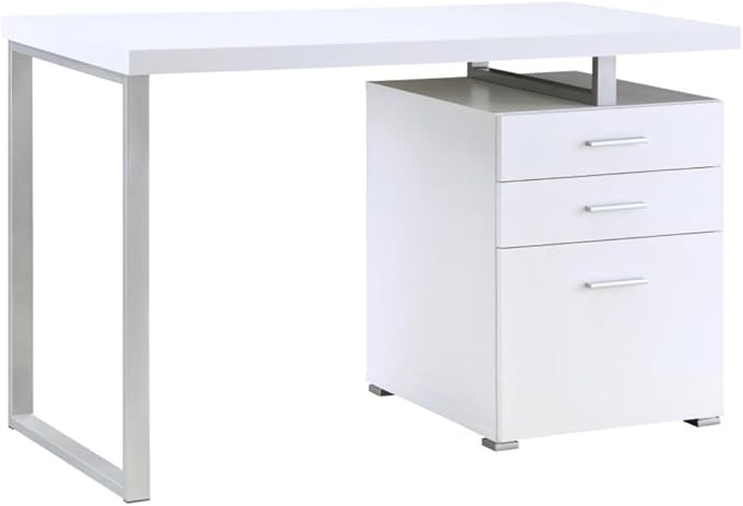 CARTESIAN Modern Reversible Computer Desk with 3 Drawers 47.25W x 23.5D x 30H inches White and Silver Metal Frame File Cabinet Storage