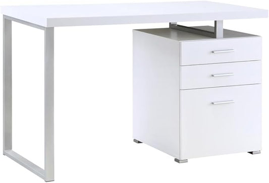 CARTESIAN Modern Reversible Computer Desk with 3 Drawers 47.25W x 23.5D x 30H inches White and Silver Metal Frame File Cabinet Storage