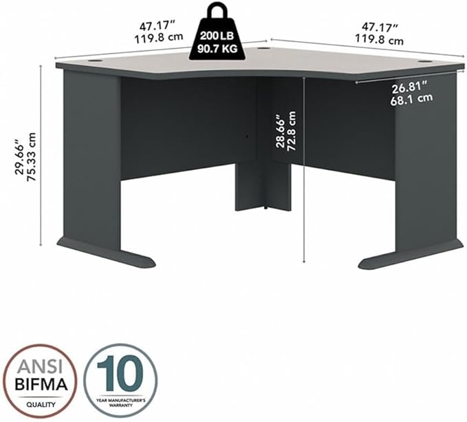 BOWERY HILL 48 Engineered Wood Corner Desk Slate Gray and White Finish Scratch-Resistant Laminate Surface Curved Work Area Built-in Wire Management Transitional Office Desk for Small Spaces