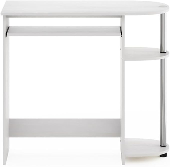 Pemberly Row Computer Desk 31.5 in Wide Composite Wood and Stainless Steel Tubes White Finish Pull-Out Keyboard Drawer Dual Shelves Compact Home Office or Bedroom Workspace