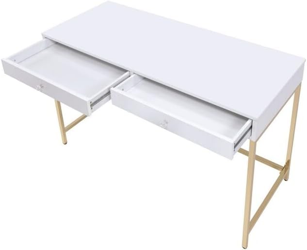 Wooden Desk with Metal Base - Modern Home Office Writing Table - White &amp Gold Finish