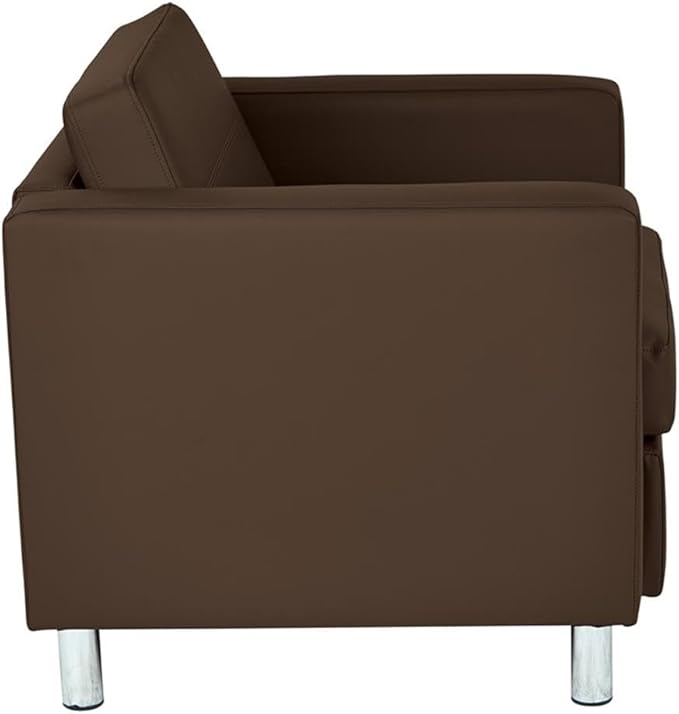 Pemberly Row Contemporary Armchair Dillon Java Brown Vinyl Fabric 32 W x 30.5 D x 29.5 H Box Spring Seat Silver Finish Metal Legs Modern Club-Style Chair for Living Room or Guest Seating