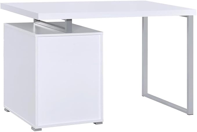 Pemberly Row Modern 3-Drawer Wood Office Desk 47.25 W x 23.5 D x 30 H White Finish Silver Metal Frame Spacious File Cabinet Reversible Setup Home Office Desk for Indoor Use