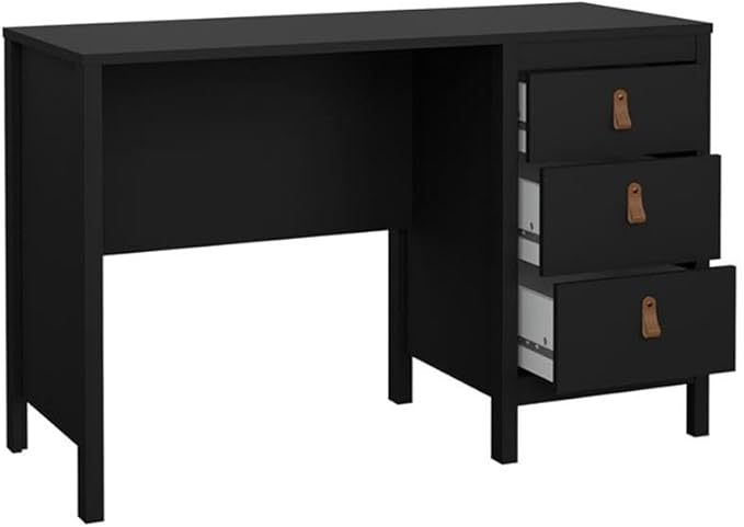Pemberly Row Home Office Writing Desk 47 in Engineered Wood Black Matte Paper Foil Finish 3 Storage Drawers with Metal Glides 2 Hardware Options Sleek Workspace for Home or Office Use
