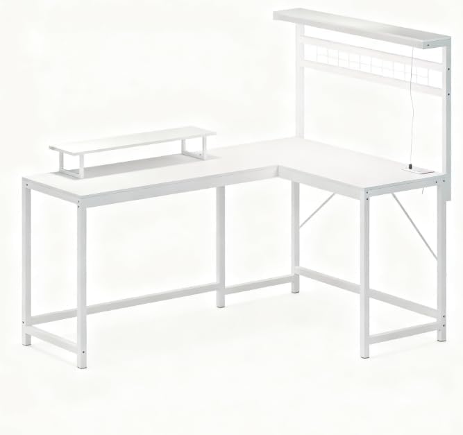 61.6'' L Shaped Gaming Desk with Power Outlets &amp LED Lights Reversible Computer Table with Monitor Stand and CPU Shelf Cornor Office Table PC Desk for Writing Study (White)