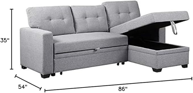Devion Furniture L-Shaped Polyester Fabric Reversible Easy Convertible Pull-Out Sleeper Sectional Sofa/Storage Chaise with Tufted Back Cushions and Track Arms in Light Gray