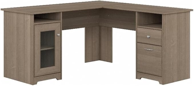 BOWERY HILL 60W L Shaped Computer Desk Ash Gray Finish 59.45x59.45x30 in Durable Wood Built-in Wire Management Fluted Glass Door Storage Cabinet Box and File Drawers Home Office Desk