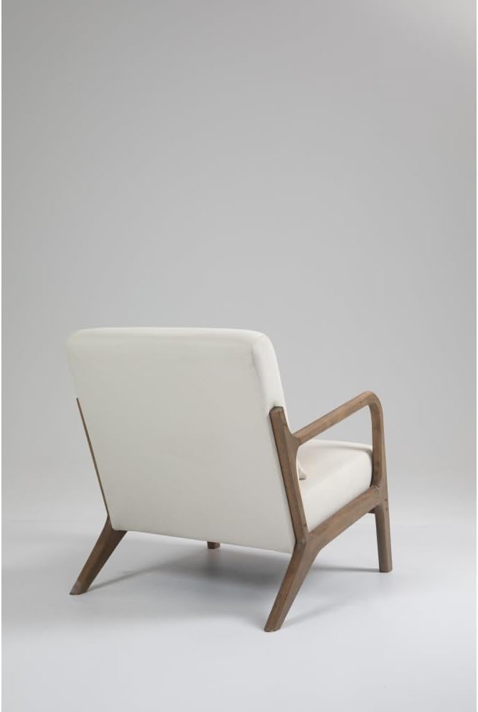 Mid Century Modern Accent Chair with Wood Frame Upholstered Living Room Chairs with Waist Cushion Reading Armchair for Bedroom Sunroom (White + Velvet + Cotton)