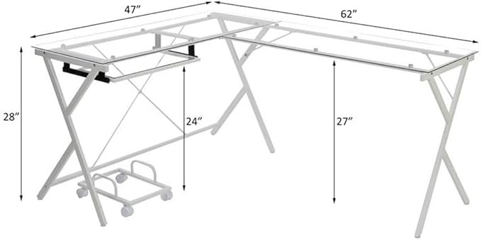 Acme Demas Glass Top L-Shaped Computer Desk with Holder in Clear and White