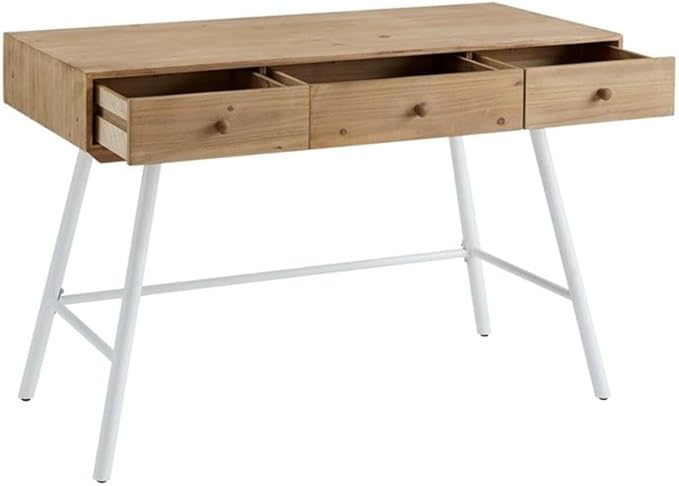 Riverbay Furniture Modern Wood and Metal Desk 44 w x 22.75 d x 30 h Fir Wood Top Powder-Coated White Iron Base 3 Storage Drawers Leveling Legs Home Office or Craft Workspace