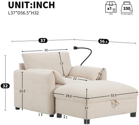 Oversized Accent Sofa Chair with Ottoman Chaise Lounge Chair with Phone Holder USB Charger Side Pockets Chenille Reading Armchair for Living Room Bedroom (Beige)