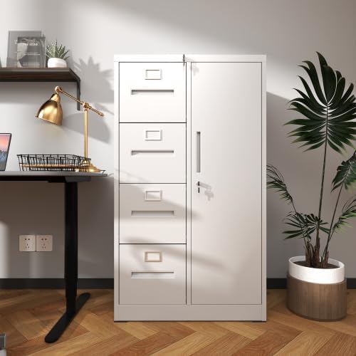 4 Drawer and 1 Door Metal File Cabinet with Lock Under Desk Locking Drawers Storage Cabinet Organizer Filing Cabinets for Home OfficeWhite-4Drawer-1Door