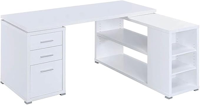 UrbanPro L-Shaped Wood Writing Desk 60 W x 47.25 D x 29.5 H White/Silver Finish MDF and Laminate Construction 3 Drawers with File Cabinet Open Shelves Reversible Home Office Desk