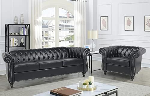 RARZOE Modern 2 Pieces Living Room Sofa Set Contemporary Tufted Button Faux Leather Chesterfield Three-Seater Couch and Accent Club Chair with Nailhead Trim Scroll Arms for Home Furniture (Black)
