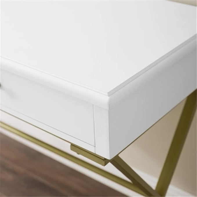Pemberly Row Modern Metal Desk 47.5 W x 19.5 D x 29.25 H White MDF Top Brass Finish Legs 2 Drawers Sleek Home Office Desk for Bedroom or Living Room Workspace Assembly Required