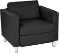 Pemberly Row Contemporary Faux Leather Armchair Black Vinyl Upholstery Box Spring Cushion Seat Silver Finish Metal Legs 32 W x 30.5 D x 29.5 H Modern Guest Chair for Living Room or Office Use