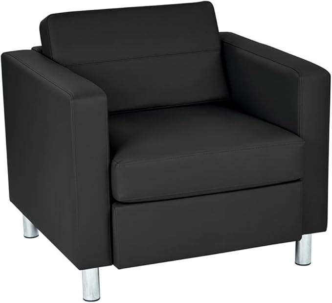 Pemberly Row Contemporary Faux Leather Armchair Black Vinyl Upholstery Box Spring Cushion Seat Silver Finish Metal Legs 32 W x 30.5 D x 29.5 H Modern Guest Chair for Living Room or Office Use
