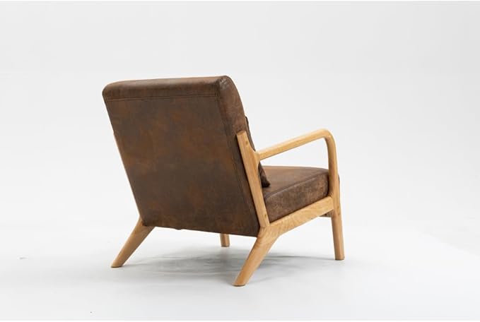 Mid Century Modern Accent Chair with Wood Frame Upholstered Living Room Chairs with Waist Cushion Reading Armchair for Bedroom Sunroom (Brown + Fabric + Cotton)