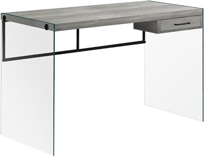 Pemberly Row Computer Desk 48-Inch Laptop Table Tempered Glass Legs Gray Reclaimed Wood Finish Storage Drawer Compact Writing Desk for Small Home Office or Apartment