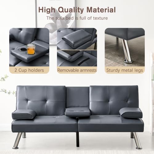 Convertible Folding Futon Sofa Bed with Metal Legs &amp 2 Cupholders Modern New Upholstered Couch Loveseat Sleeper Folding Couches Bed Removable Armrests for Small Spaces (Gray)