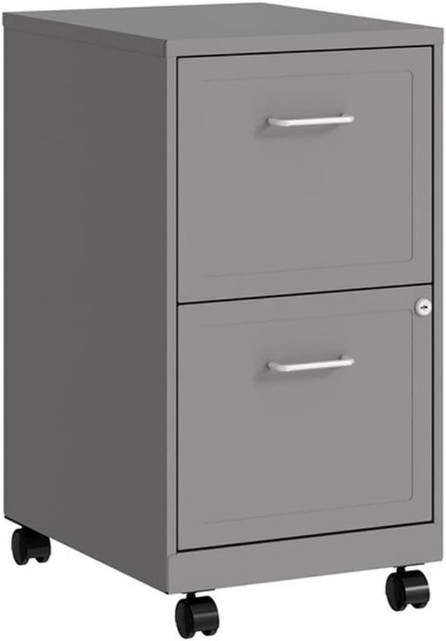 Pemberly Row 18 2-Drawer Metal Mobile Filing Cabinet Arctic Silver Finish Locking Design with Easy Roll Casters Stylish Embossed Fronts Compact Vertical Storage for Small Office or Home Office