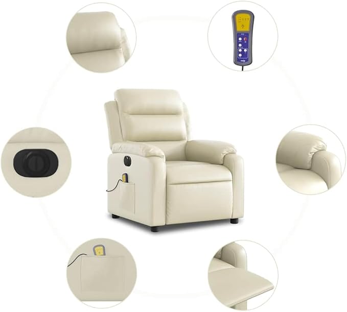 vidaXL Cream Faux Leather Electric Massage Recliner Chair - Vibrating 6-Point Massage Automated Reclining Padded Armchair for Living Room/Lounge