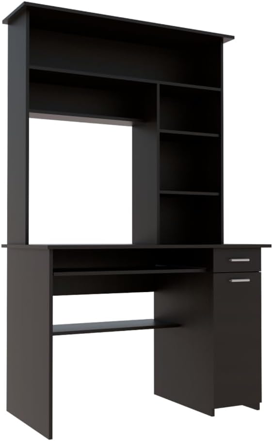 Compu 180 Hutch Desk - Black 5 Shelves Keyboard Tray CPU Panel 1 Drawer - Home Office Desk