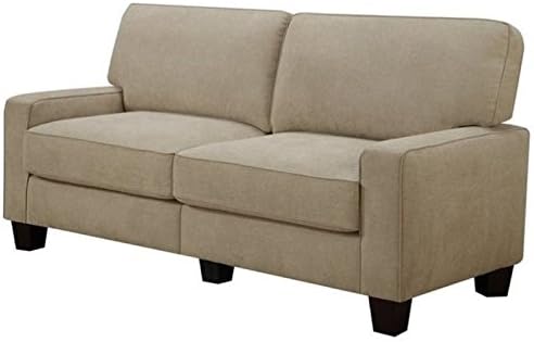 Pemberly Row Contemporary Linen Fabric Sofa 73 Wide Silica Sand Beige Finish Durable Polyester Upholstery Memory Foam Cushions Flared Arms Cozy Living Room Seating Includes 2 Decorative