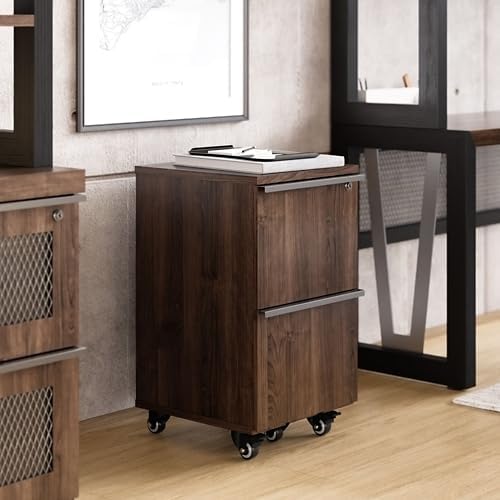 NBF District Two Drawer Mobile Storage Pedestal with Locking File Drawers - Small Rolling Filing Cabinet for Home Office - Printer Stand with Storage 20 W Walnut