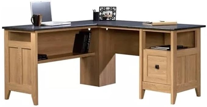 BOWERY HILL Transitional L-Shaped Desk Manufactured Wood Dover Oak and Slate Finish 59 W x 58.75 D x 29.25 H Home Office Desk with File Drawer Cable Management Lower Storage Shelf