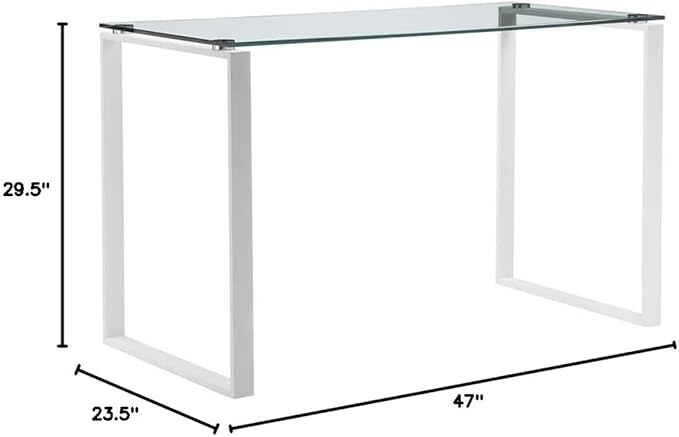 Pemberly Row Contemporary Writing Desk 47 in Tempered Glass and Metal White Finish Modern Design Multipurpose for Home Office or Dining Use 29.5 in Height