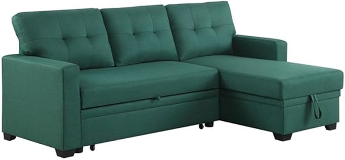 Devion Furniture L-Shaped Polyester Fabric Reversible Easy Convertible Pull-Out Sleeper Sectional Sofa/Storage Chaise with Tufted Back Cushions and Track Arms in Green