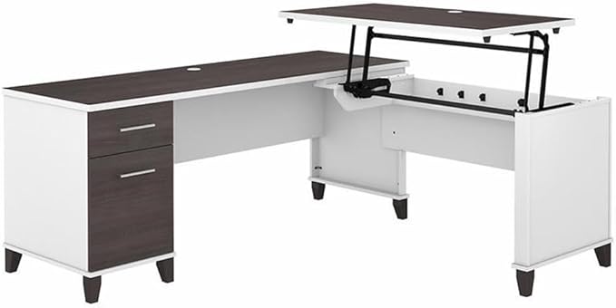 Pemberly Row Wood Sit to Stand L Shaped Desk 72W x 66D Adjustable 3 Position Height White and Gray Finish Engineered Wood Wire Management Office Desk with Drawers