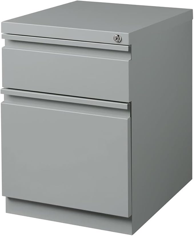 Pemberly Row Mobile Pedestal File Cabinet 20 D Steel Construction 2-Drawer Box/File Full-Width Pulls Hidden Casters Lockable Silver Finish Commercial Grade Filing Cabinet for Office Use