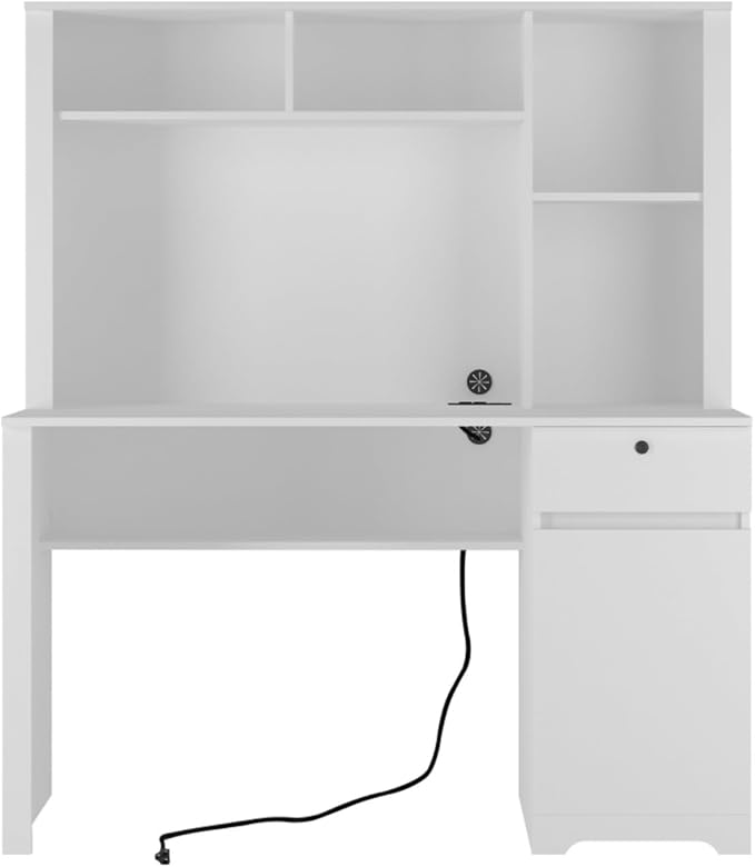 Hassyee Computer Desk with Hutch and Bookshelf Wood Writing Executive Desk with Drawers for Teens Student Home Office Desk with 3 AC Outlets and 2 USB Charging Ports (White)