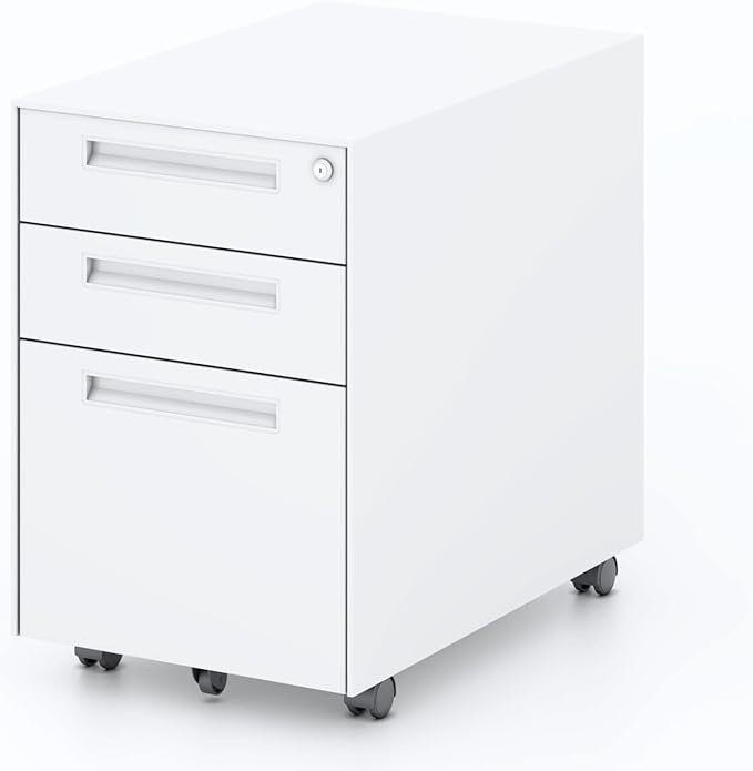 3-Drawer Rolling File Cabinet Metal Mobile File Cabinet with Lock Filing Cabinet Under Desk fits Legal/Letter/A4 Size for Home/Office Fully Assembled Except Wheels (White)