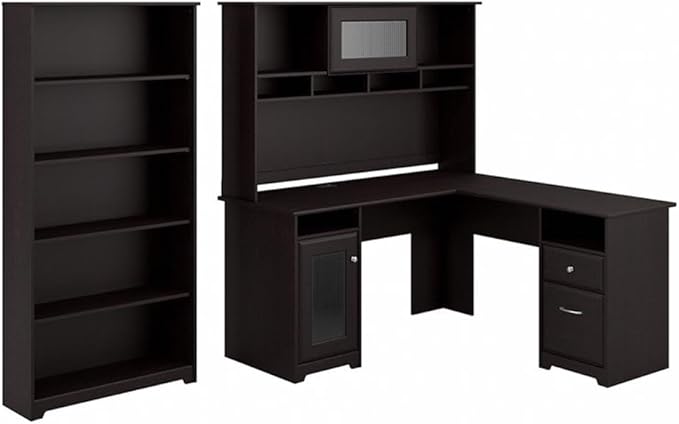 Bush Home Cabot 60W L Shaped Computer Desk with Hutch and 5 Shelf Bookcase in Espresso Oak